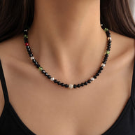 Black Crystal & Green Accent Beaded Necklace with 14K Gold CZ Pavé Barrel