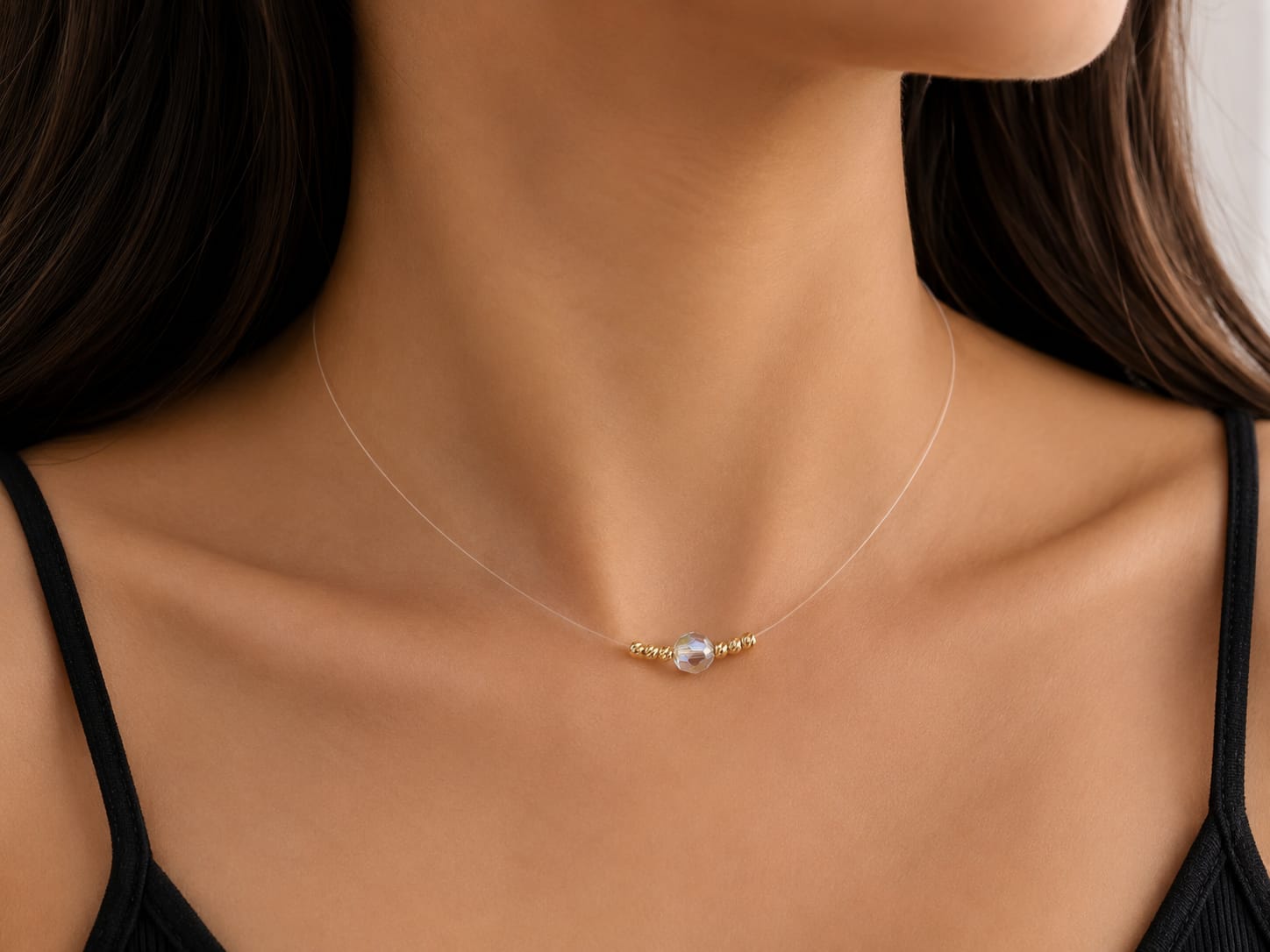 Floating Crystal Illusion Necklace with 14K Gold Diamond-Cut Beads