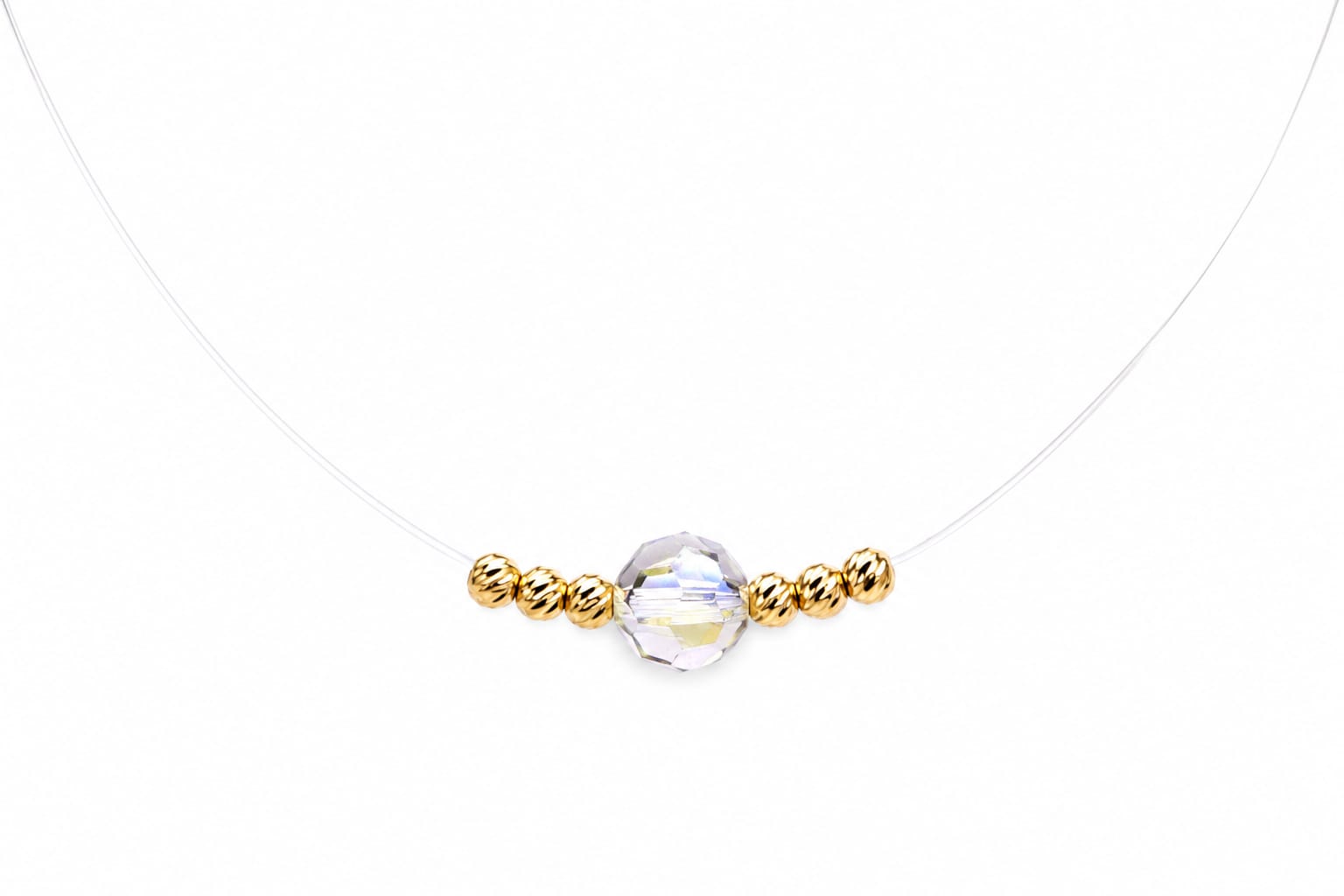 Floating Crystal Illusion Necklace with 14K Gold Diamond-Cut Beads