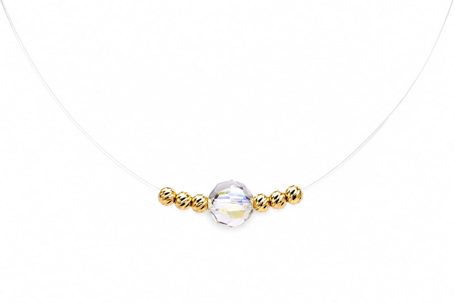 Floating Crystal Illusion Necklace with 14K Gold Diamond-Cut Beads
