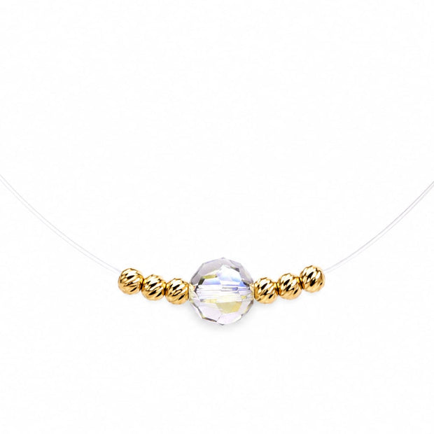 Floating Crystal Illusion Necklace with 14K Gold Diamond-Cut Beads
