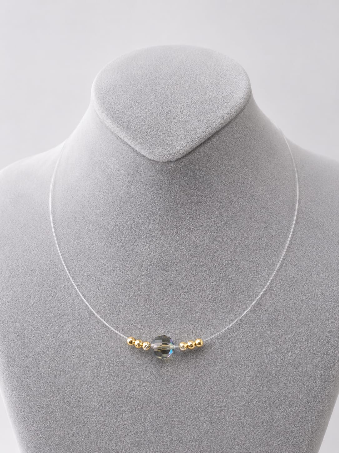 Floating Crystal Illusion Necklace with 14K Gold Diamond-Cut Beads