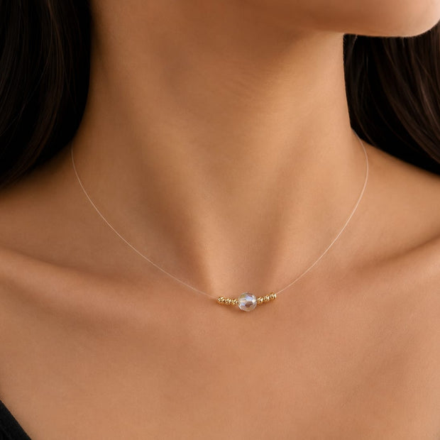 Floating Crystal Illusion Necklace with 14K Gold Diamond-Cut Beads