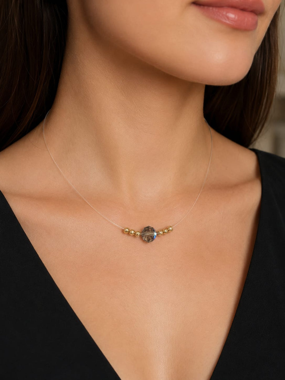Floating Crystal Illusion Necklace with 14K Gold Diamond-Cut Beads