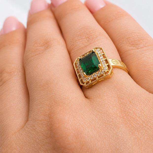 14K Gold Emerald Green CZ Halo Ring – Love Style