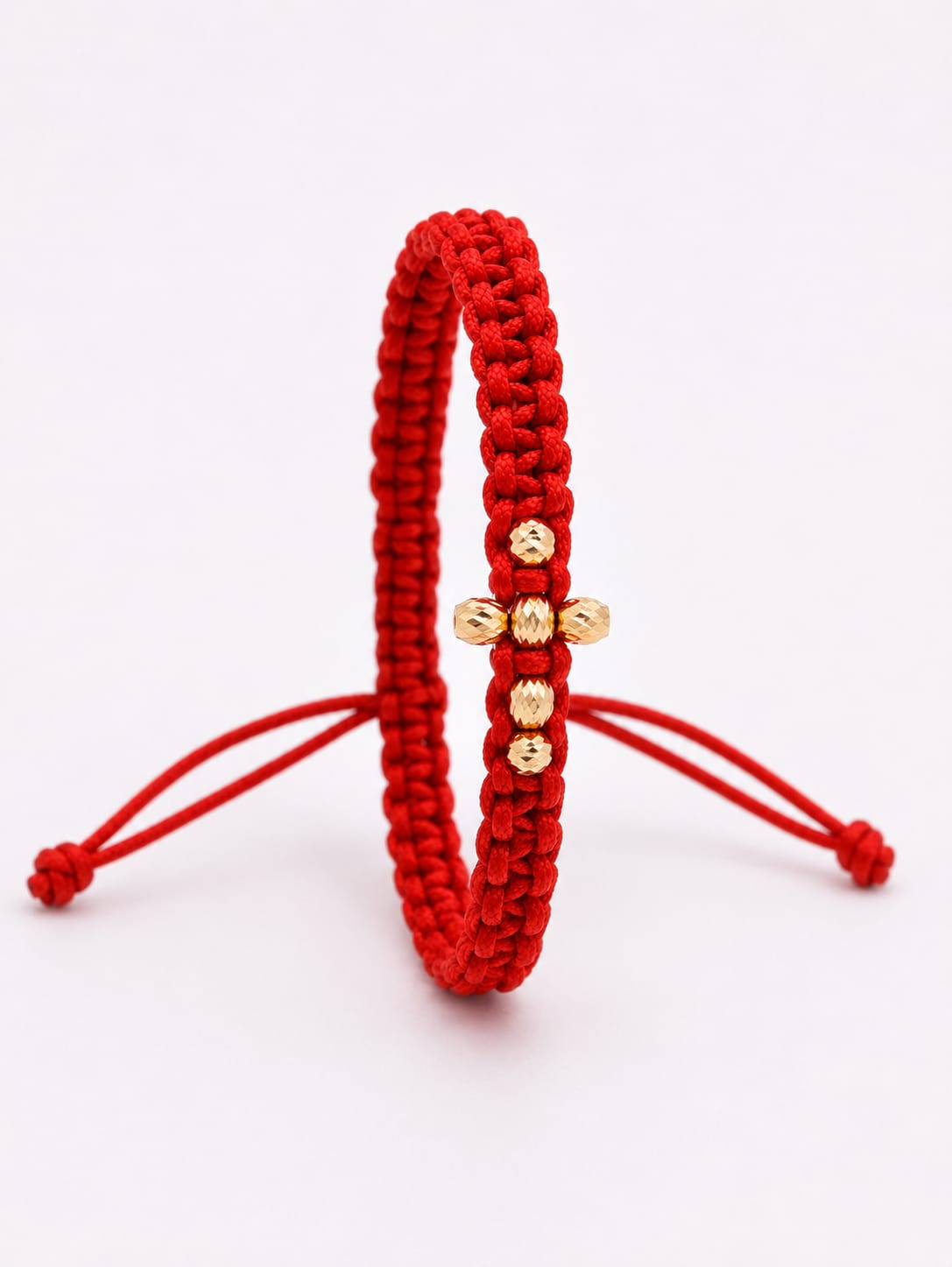 14K Gold Cross Bead Red Macramé Bracelet – Adjustable