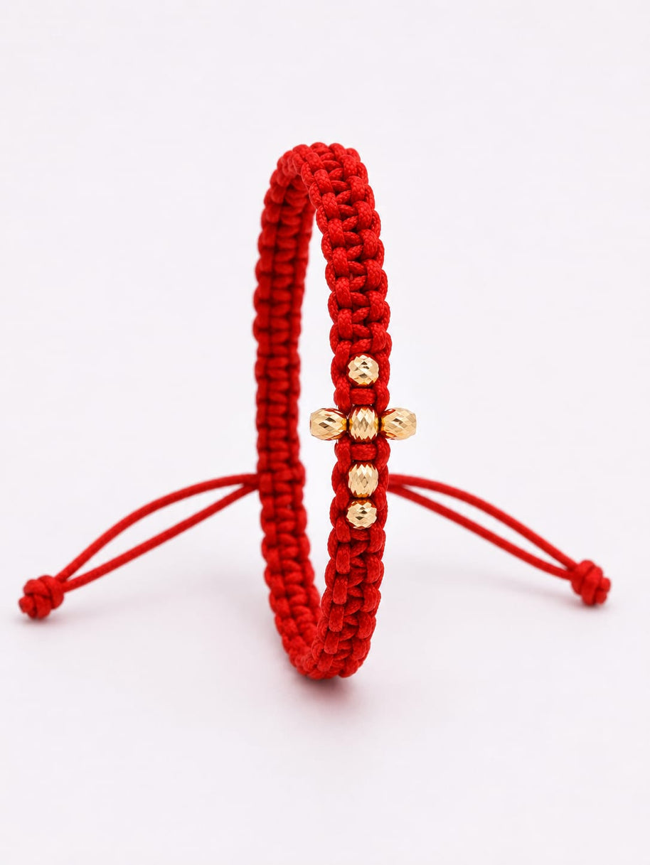 14K Gold Cross Bead Red Macramé Bracelet – Adjustable