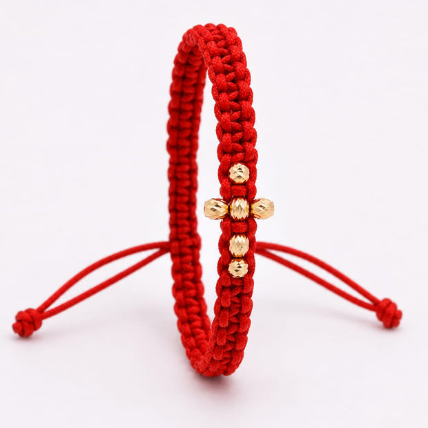 14K Gold Cross Bead Red Macramé Bracelet – Adjustable