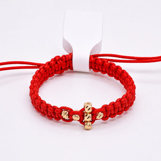 14K Gold Cross Bead Red Macramé Bracelet – Adjustable