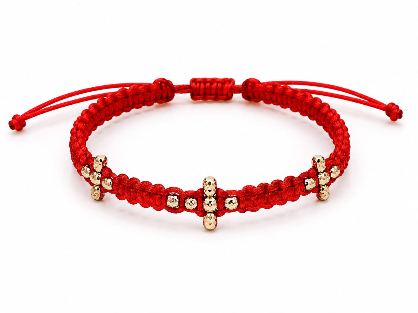 14K Gold Triple Cross Bead Red Macramé Bracelet – Adjustable