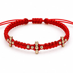 14K Gold Triple Cross Bead Red Macramé Bracelet – Adjustable