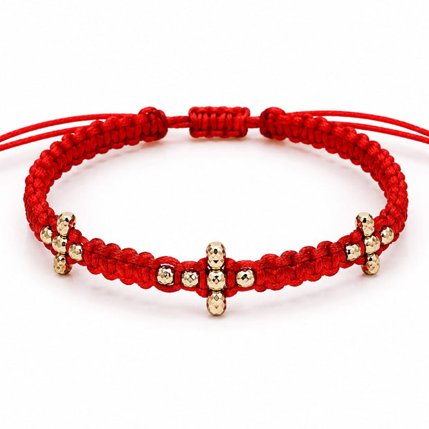 14K Gold Triple Cross Bead Red Macramé Bracelet – Adjustable