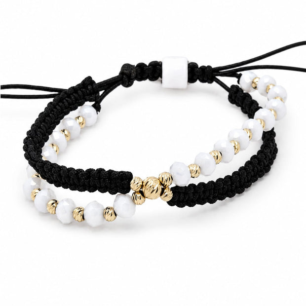 14K Gold & White Crystal Bead Double Bracelet Set – Black Macramé
