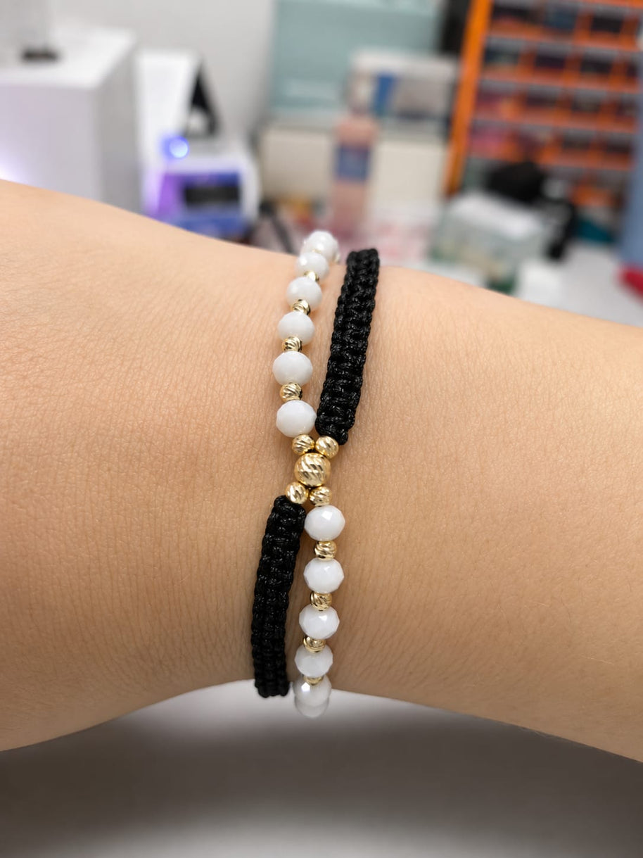 14K Gold & White Crystal Bead Double Bracelet Set – Black Macramé