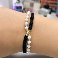 14K Gold & White Crystal Bead Double Bracelet Set – Black Macramé
