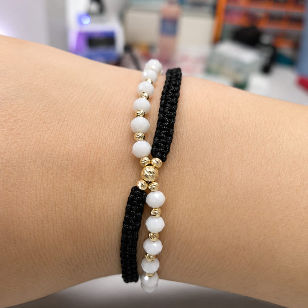 14K Gold & White Crystal Bead Double Bracelet Set – Black Macramé