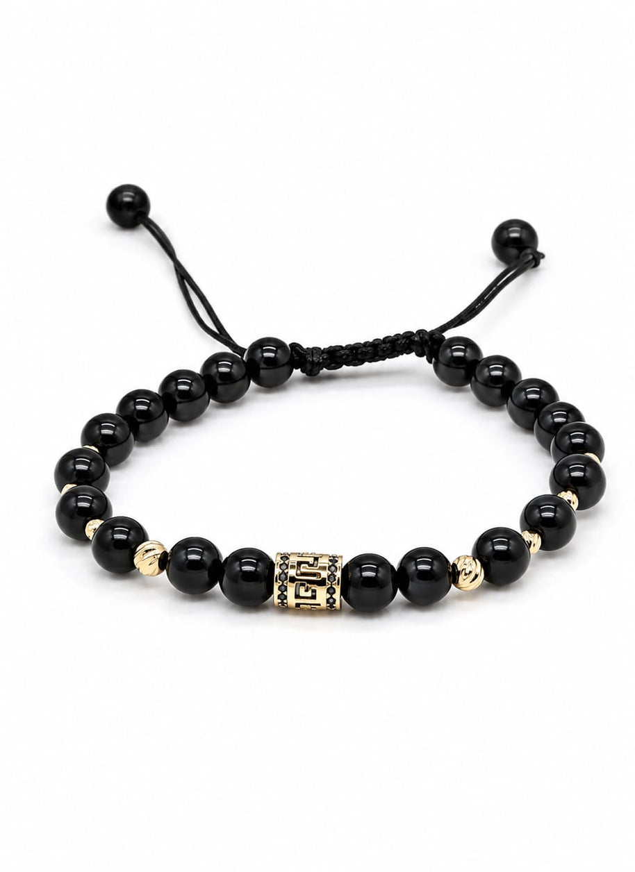 14K Gold Black Onyx Bracelet with Greek Key Cylinder Charm – Unisex