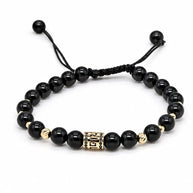 14K Gold Black Onyx Bracelet with Greek Key Cylinder Charm – Unisex