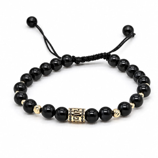 14K Gold Black Onyx Bracelet with Greek Key Cylinder Charm – Unisex