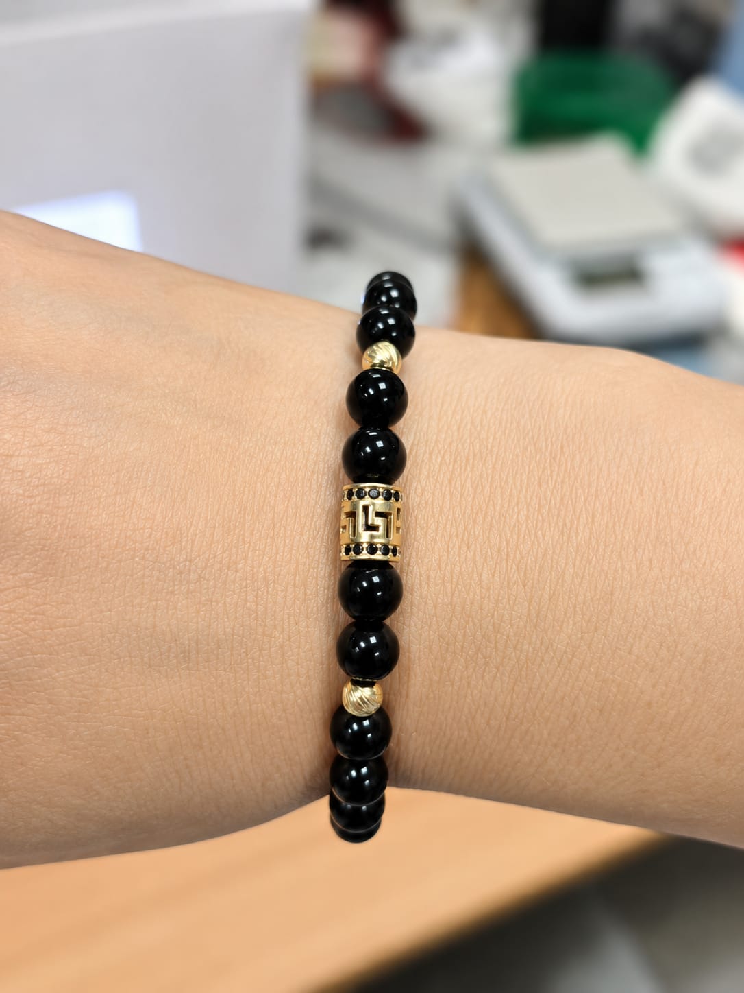 14K Gold Black Onyx Bracelet with Greek Key Cylinder Charm – Unisex
