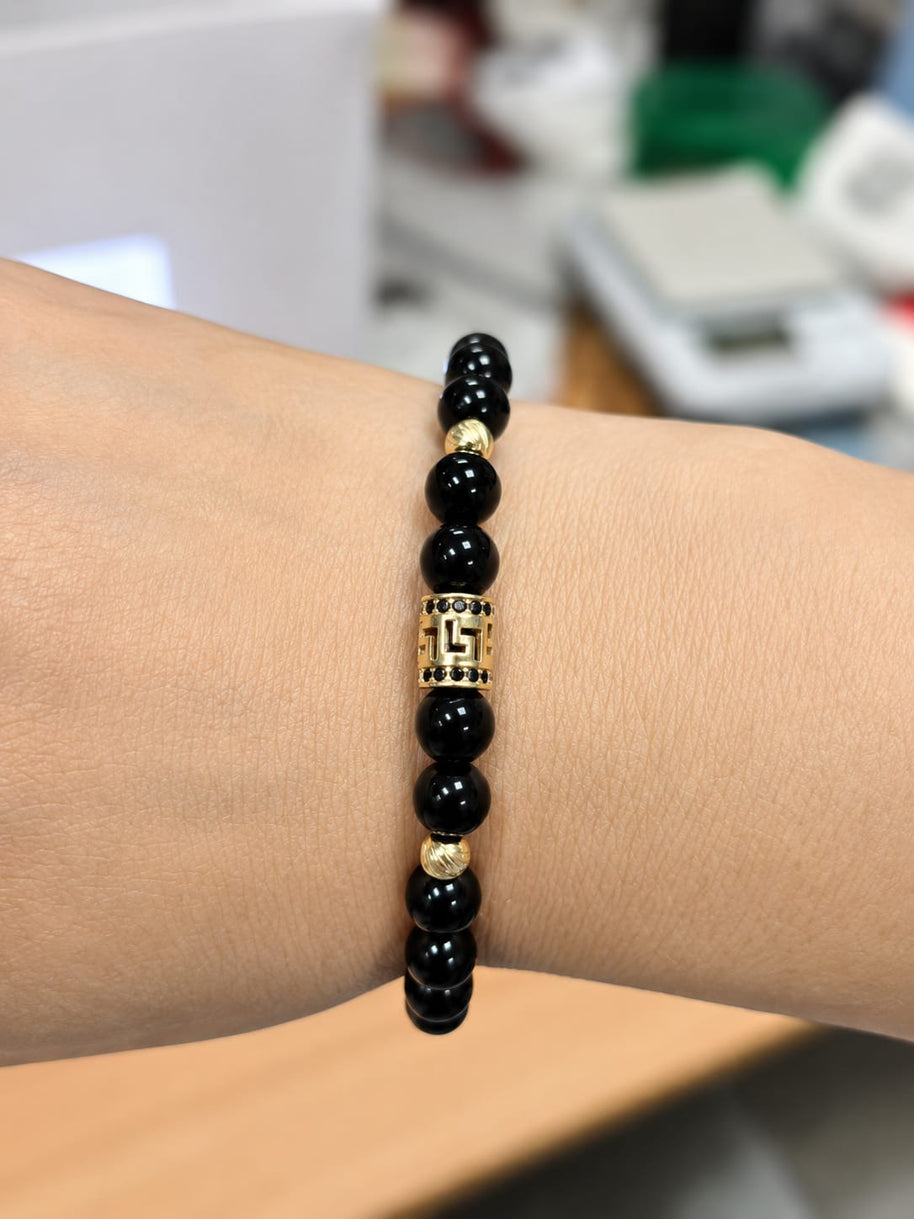 14K Gold Black Onyx Bracelet with Greek Key Cylinder Charm – Unisex
