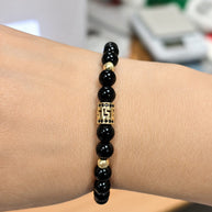 14K Gold Black Onyx Bracelet with Greek Key Cylinder Charm – Unisex