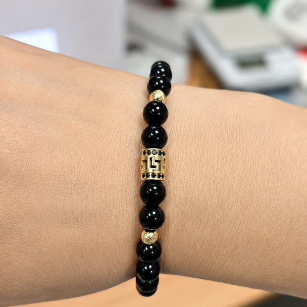 14K Gold Black Onyx Bracelet with Greek Key Cylinder Charm – Unisex