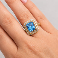 14K Gold Blue Topaz CZ Double Halo Ring – Anom