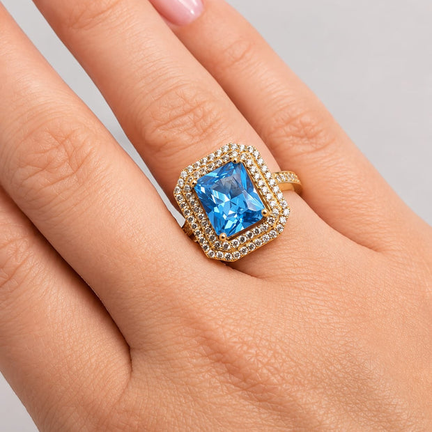 14K Gold Blue Topaz CZ Double Halo Ring – Anom