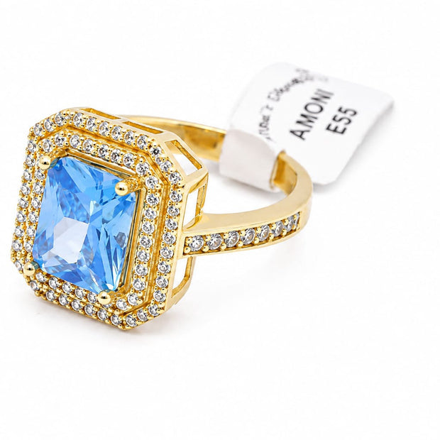 14K Gold Blue Topaz CZ Double Halo Ring – Anom