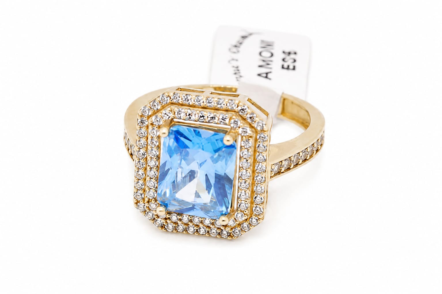 14K Gold Blue Topaz CZ Double Halo Ring – Anom