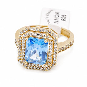 14K Gold Blue Topaz CZ Double Halo Ring – Anom