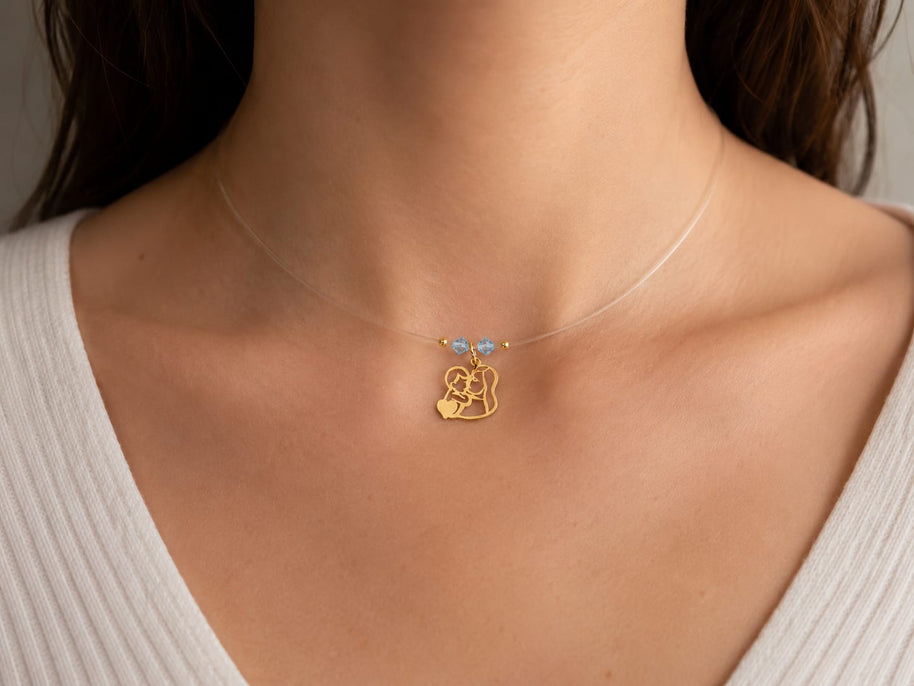 14K Gold Mother & Child Necklace with Blue Crystal Beads – 42cm