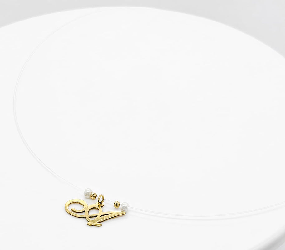 14K Gold Cursive Initial Necklace with Pearl Beads – 41cm