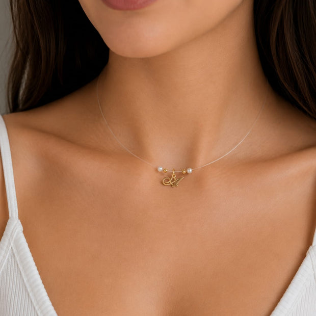 14K Gold Cursive Initial Necklace with Pearl Beads – 41cm