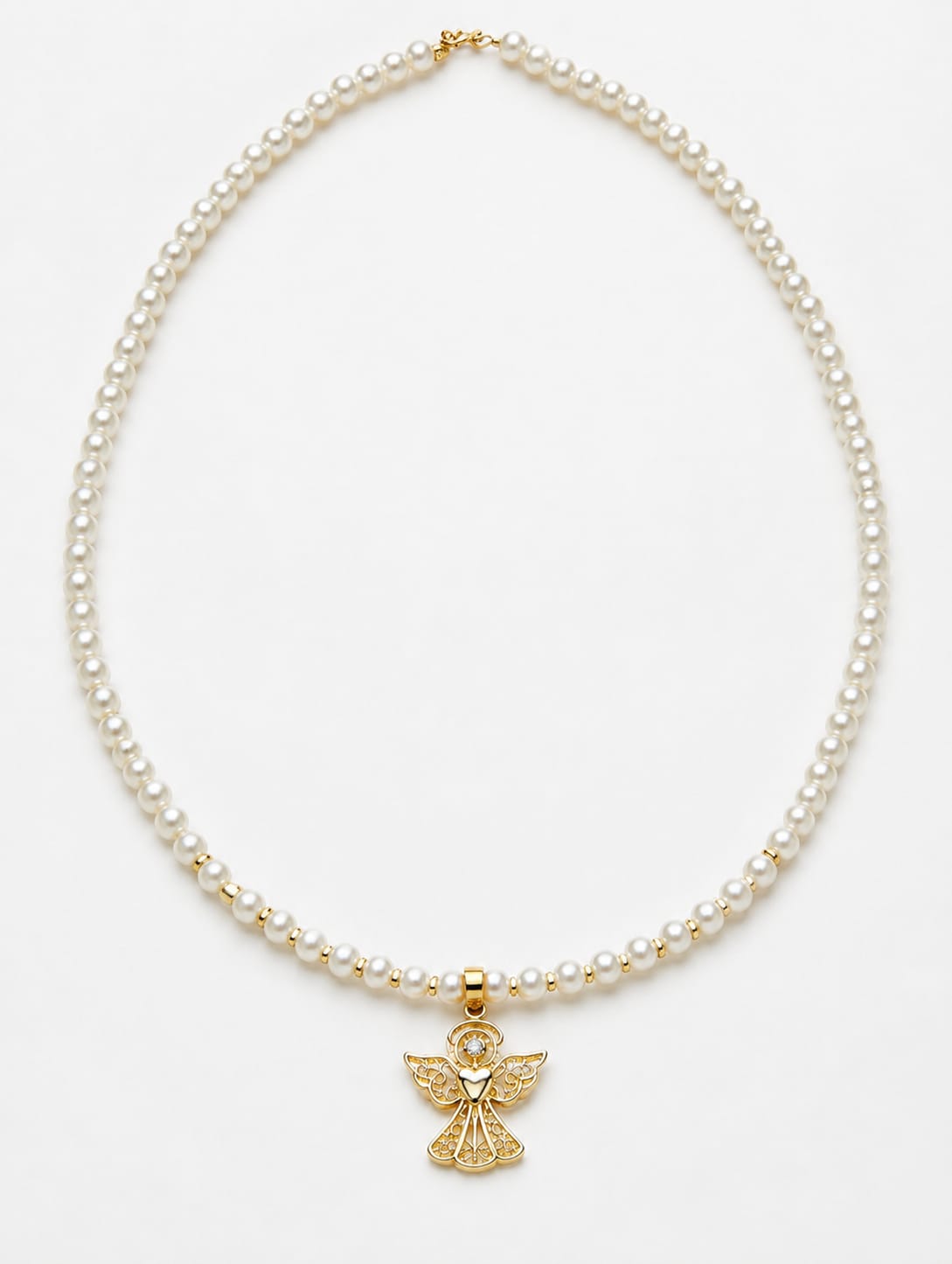14K Gold Filigree Angel Necklace with Pearl Beads – 40cm