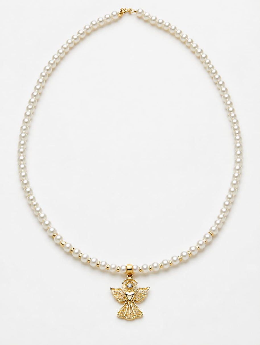 14K Gold Filigree Angel Necklace with Pearl Beads – 40cm