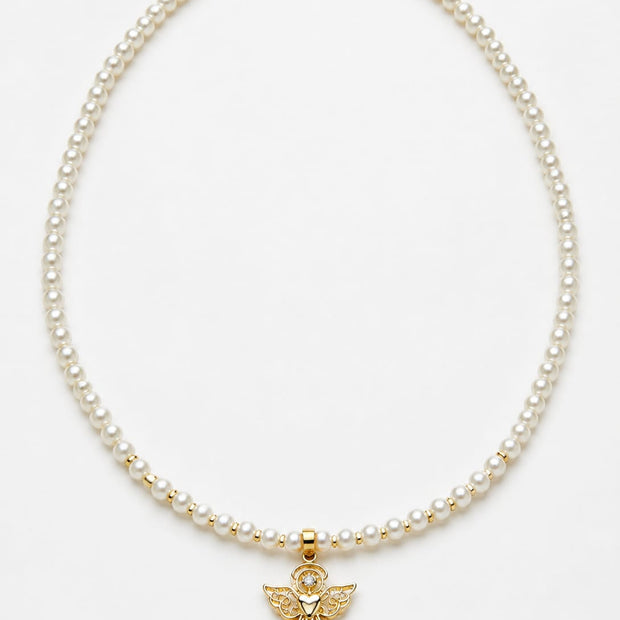 14K Gold Filigree Angel Necklace with Pearl Beads – 40cm