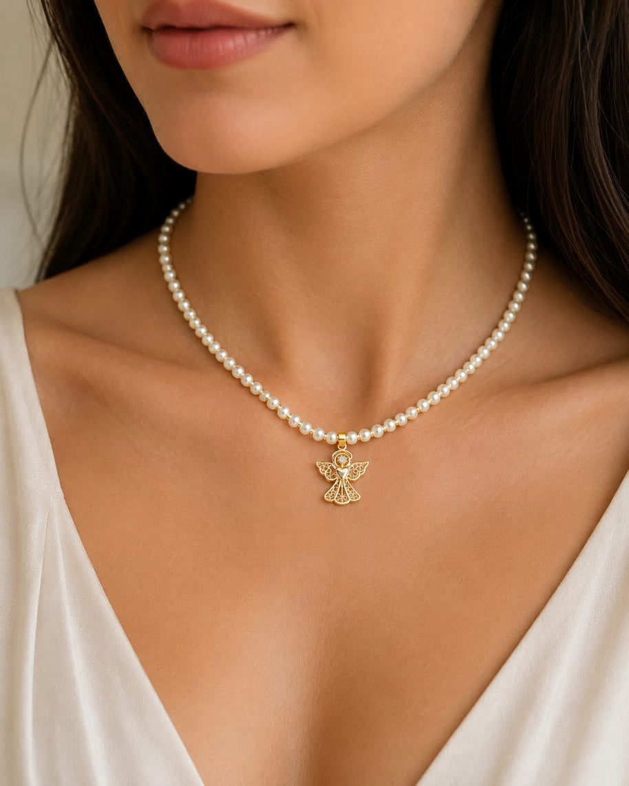 14K Gold Filigree Angel Necklace with Pearl Beads – 40cm