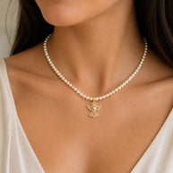 14K Gold Filigree Angel Necklace with Pearl Beads – 40cm