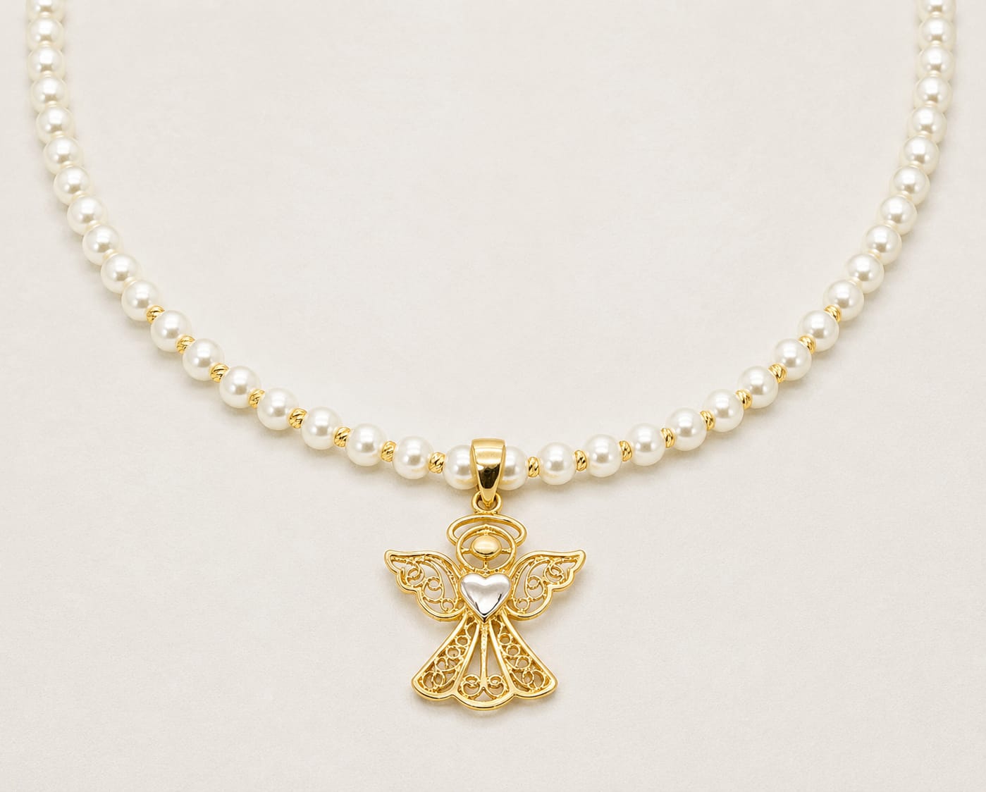 14K Gold Filigree Angel Necklace with Pearl Beads – 40cm
