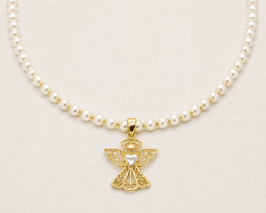 14K Gold Filigree Angel Necklace with Pearl Beads – 40cm
