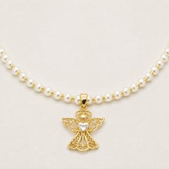 14K Gold Filigree Angel Necklace with Pearl Beads – 40cm