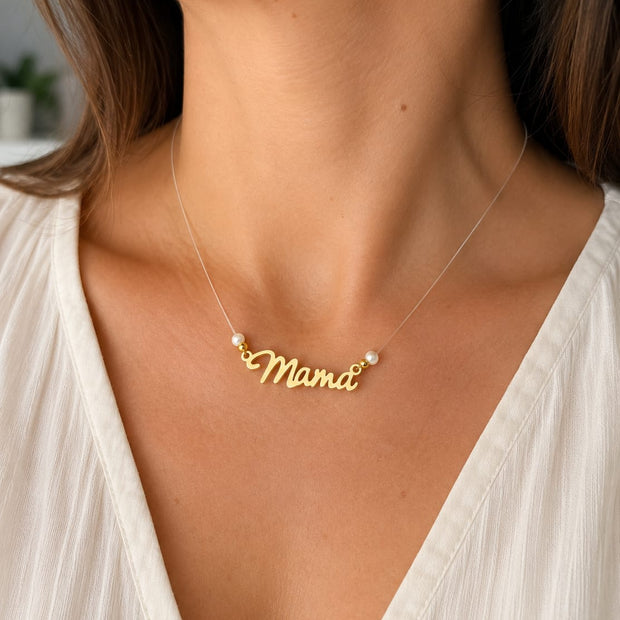 14K Gold "Mama" Cursive Necklace with Pearl Beads – 40cm