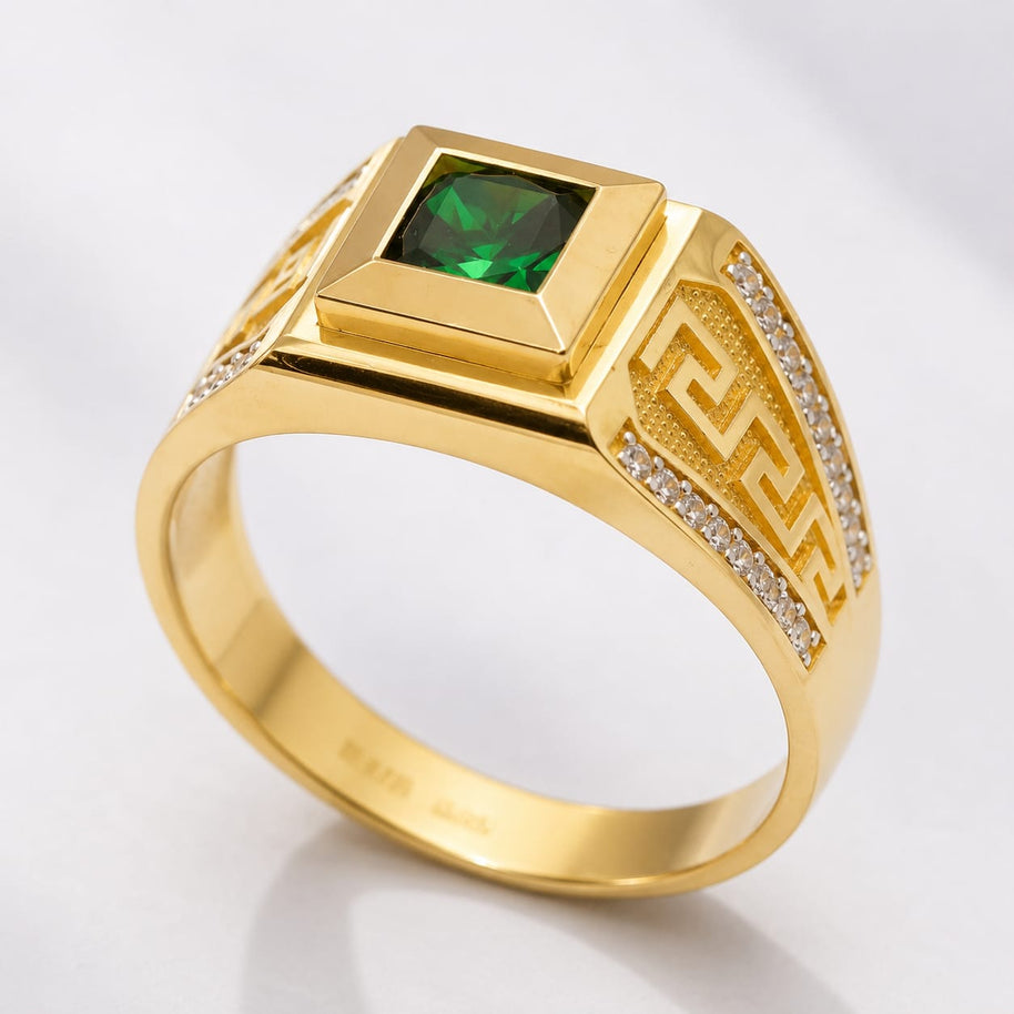 14K Gold Emerald Green CZ Signet Ring with Greek Key – Nikos