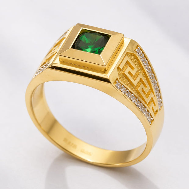 14K Gold Emerald Green CZ Signet Ring with Greek Key – Nikos