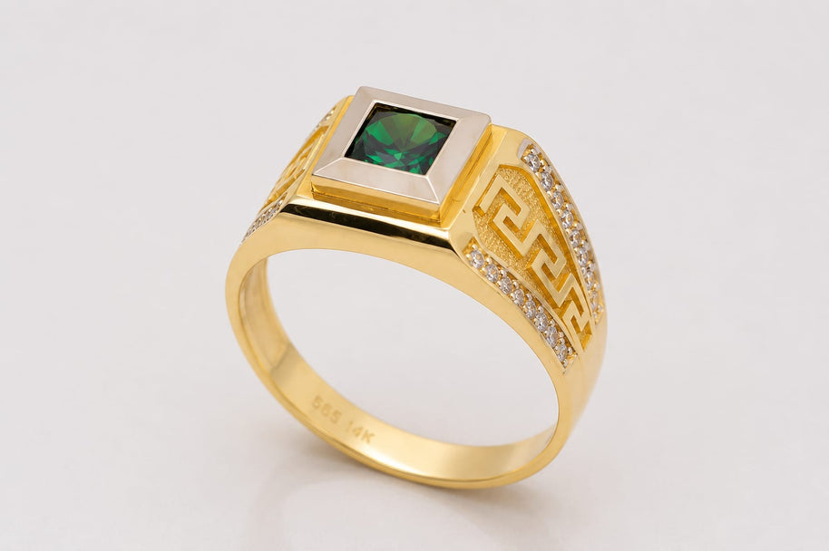 14K Gold Emerald Green CZ Signet Ring with Greek Key – Nikos
