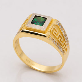 14K Gold Emerald Green CZ Signet Ring with Greek Key – Nikos