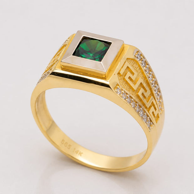 14K Gold Emerald Green CZ Signet Ring with Greek Key – Nikos