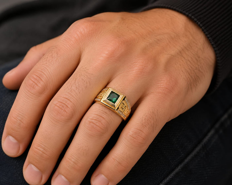 14K Gold Emerald Green CZ Signet Ring with Greek Key – Nikos